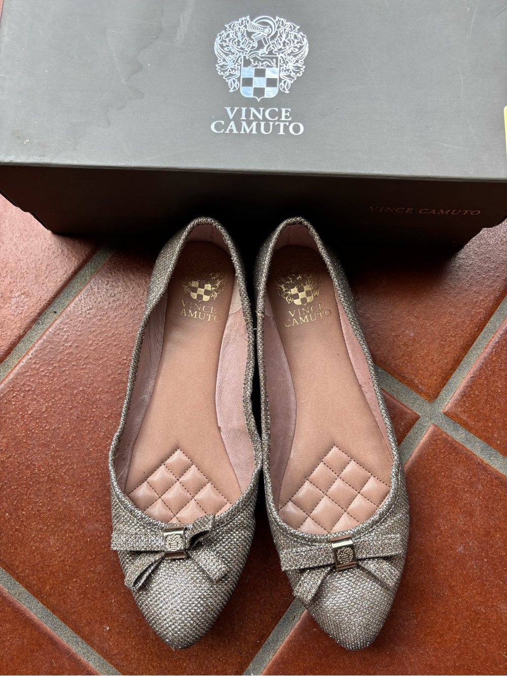 Vince Camuto Metallic Taupe Pointed Ballet Flats with Bow